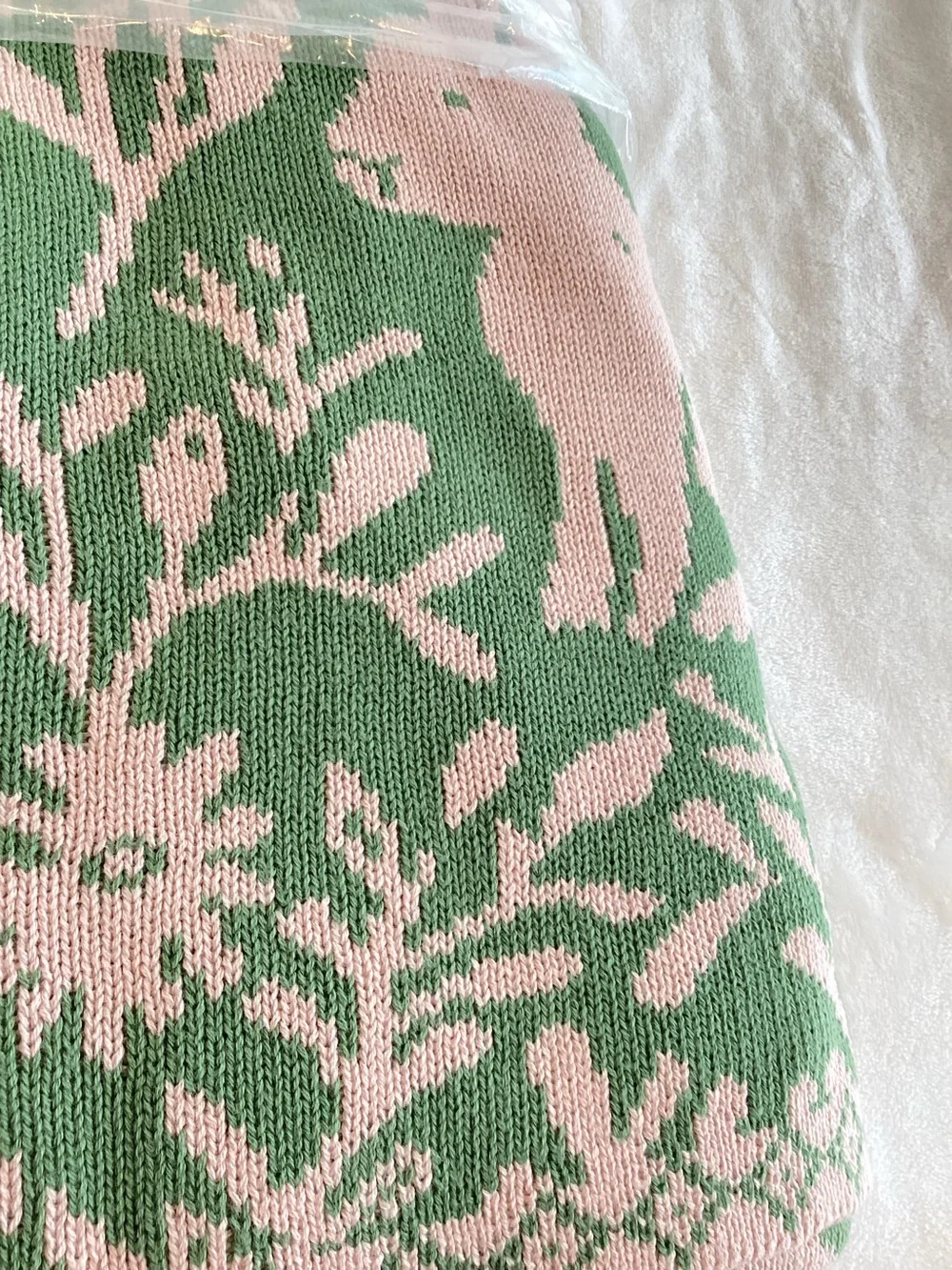 Anthropologie Bunny Throw Blanket Cotton Knit New Green Pink Bunnies 50x70